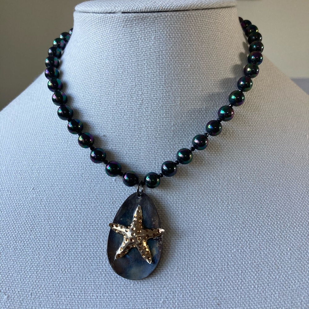 New Starfish Pendant on Navy Blue Swarovski Crystal Pearl Necklace